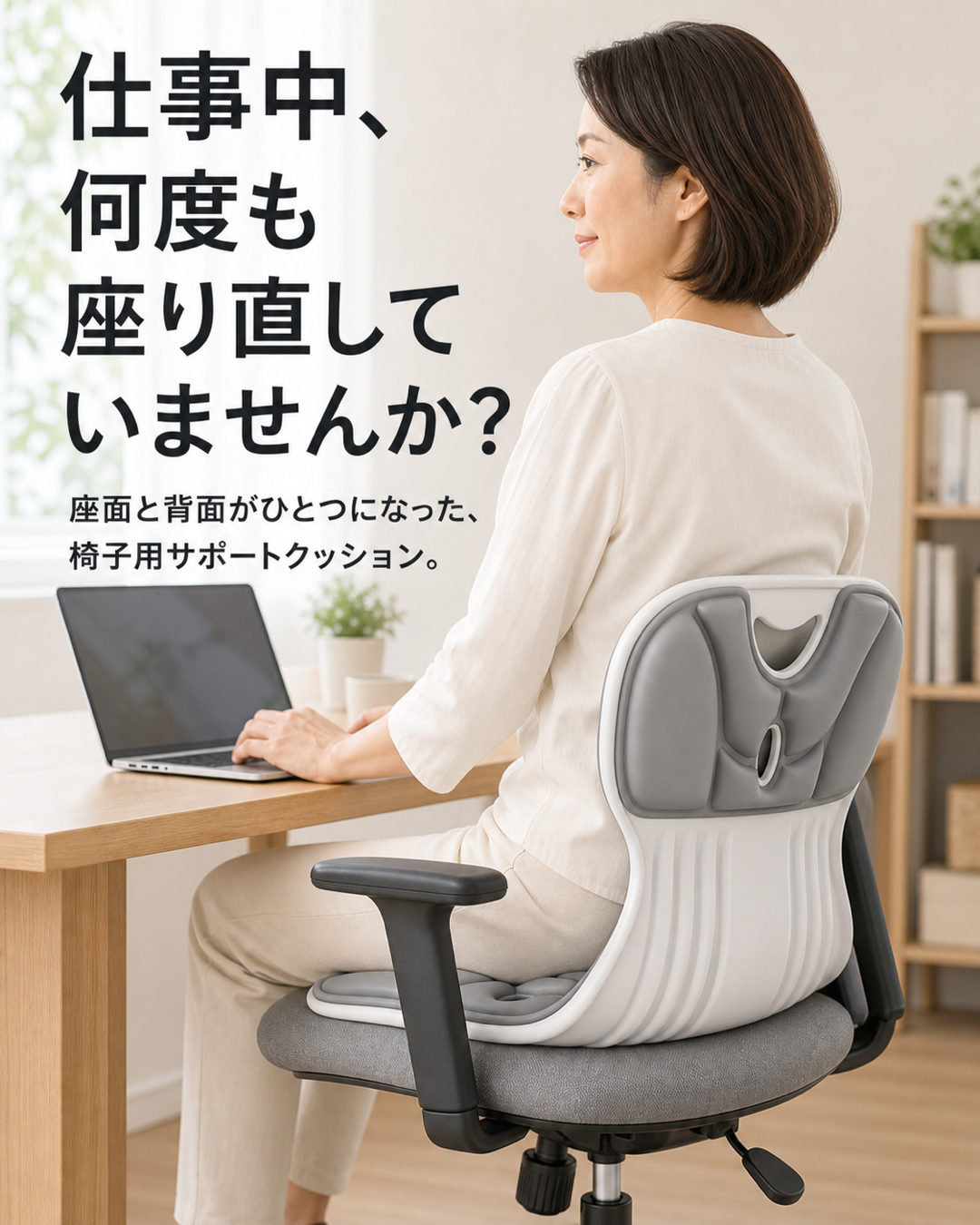 デスクワーク中に立体チェアサポートクッションを使用するイメージ